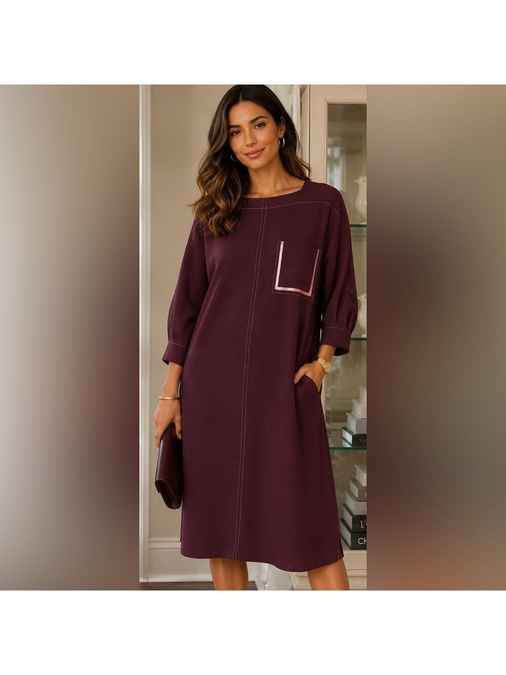 NWT BEATRICE .b Burgundy Midi Dress with Rose Gold Satin Trim Accents, Size 4